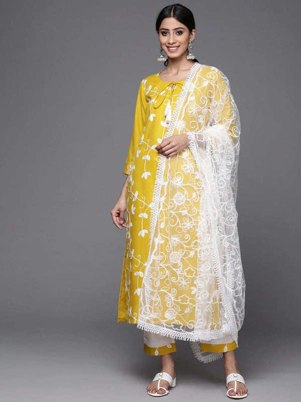 Varanga Women Yellow Ethnic Motifs Embroidered Pure Cotton Kurta with Trousers & Dupatta - Indiakreations