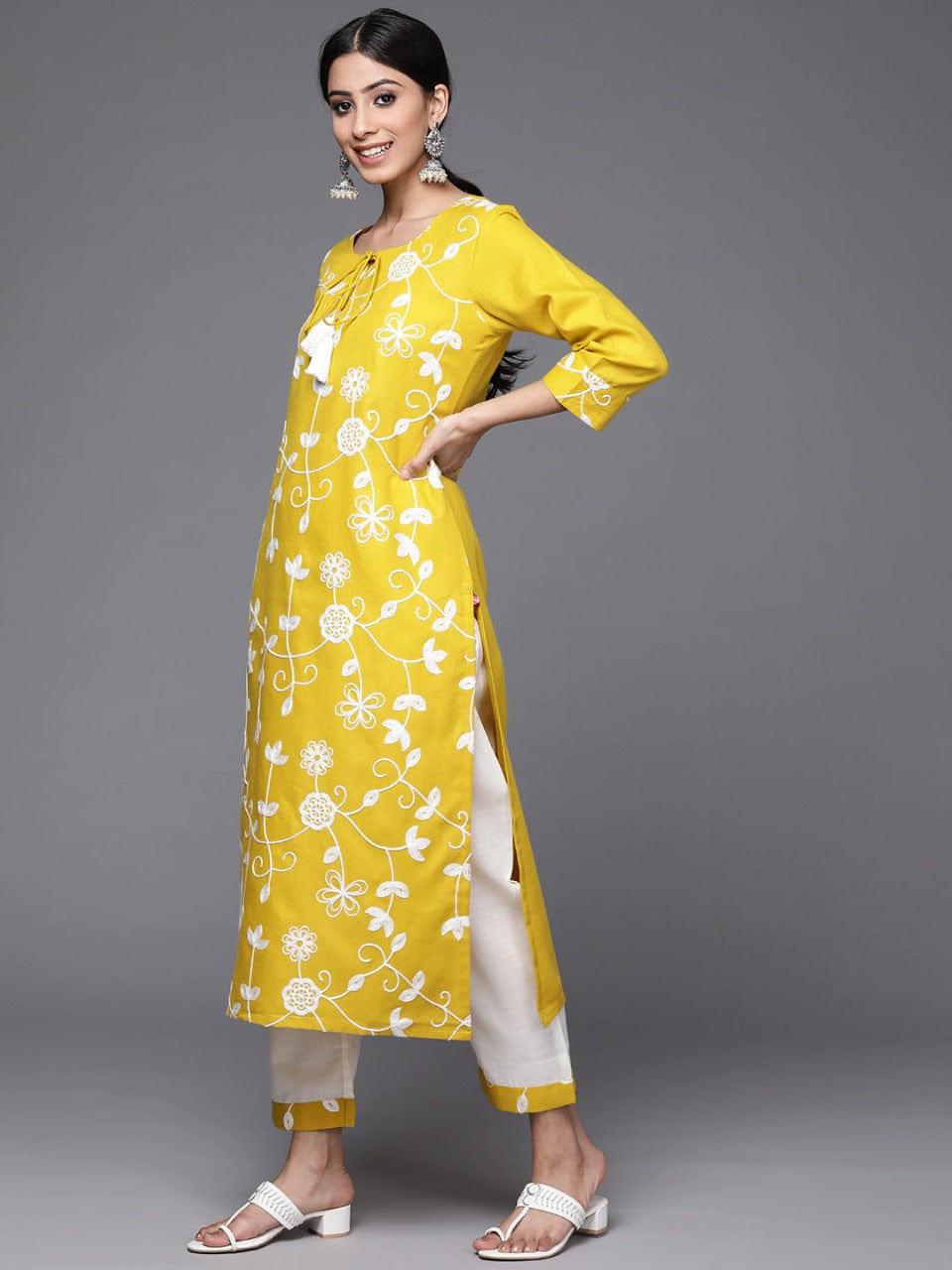 Varanga Women Yellow Ethnic Motifs Embroidered Pure Cotton Kurta with Trousers & Dupatta - Indiakreations