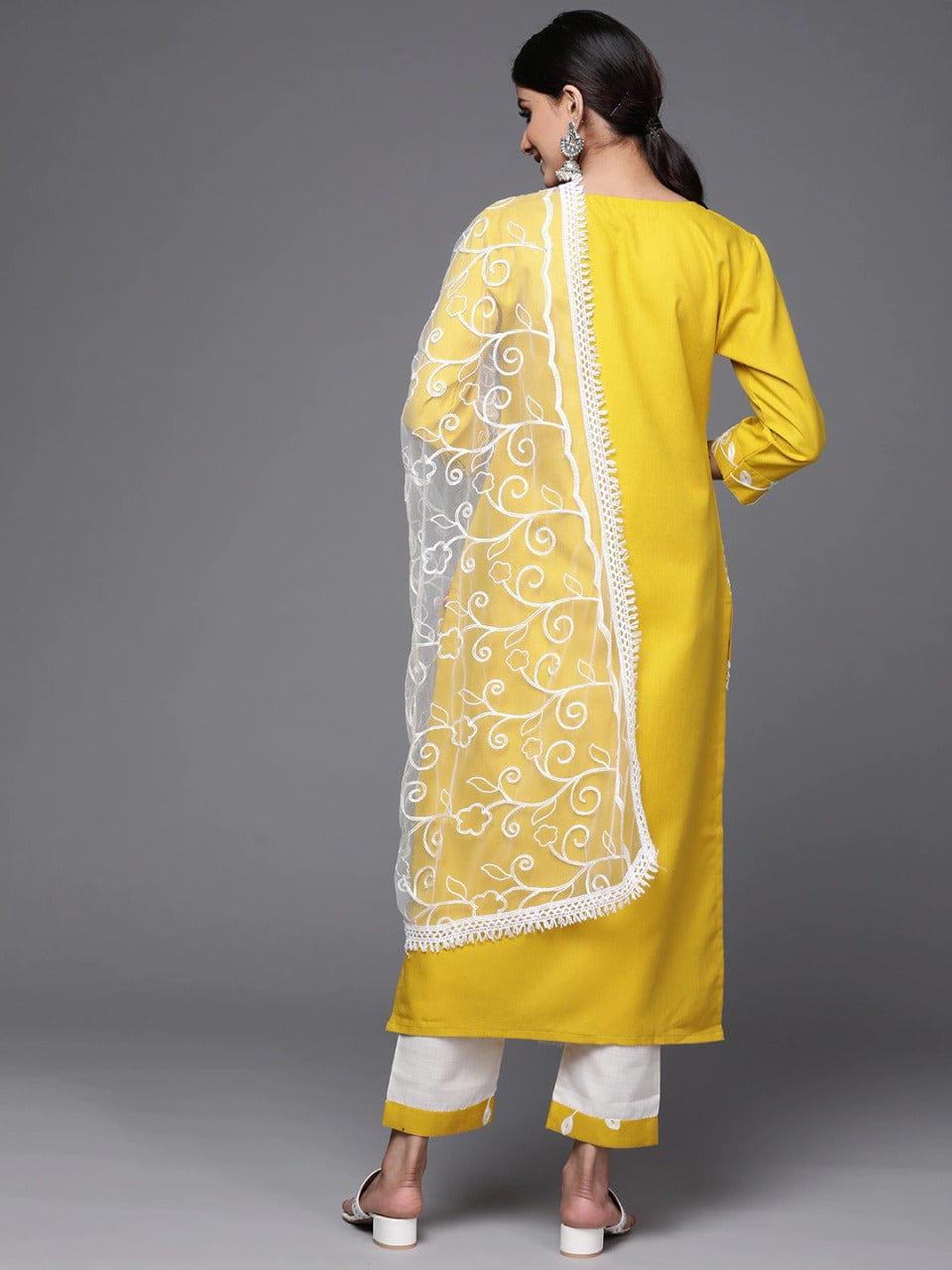 Varanga Women Yellow Ethnic Motifs Embroidered Pure Cotton Kurta with Trousers & Dupatta - Indiakreations