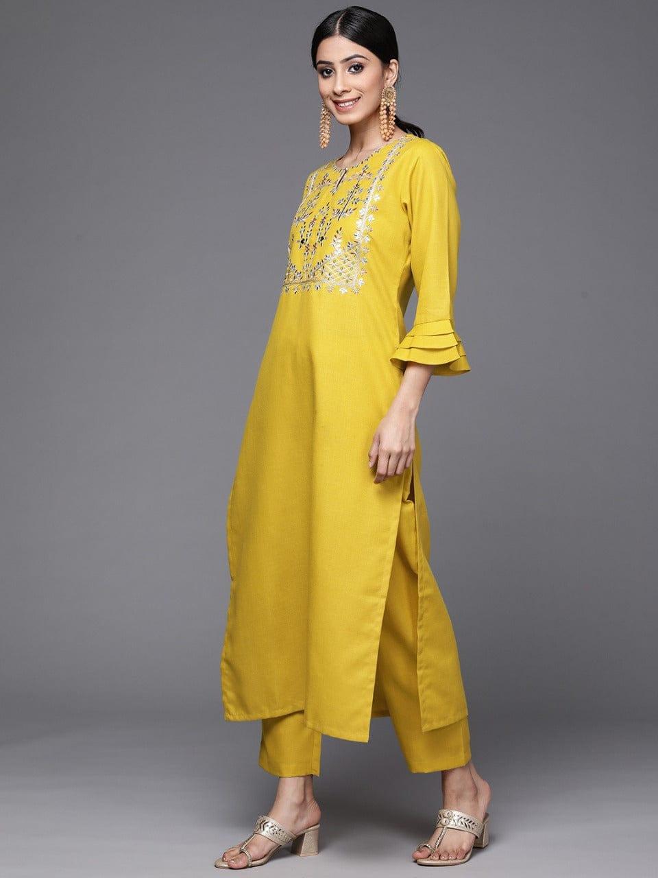 Varanga Women Mustard Yellow Yoke Design Mirror Work Cotton Kurta with Trousers & Dupatta - Indiakreations