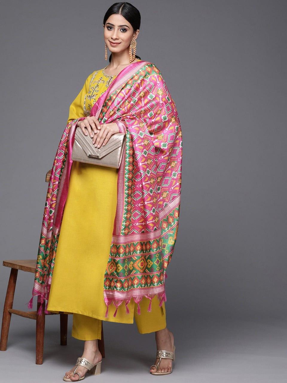 Varanga Women Mustard Yellow Yoke Design Mirror Work Cotton Kurta with Trousers & Dupatta - Indiakreations