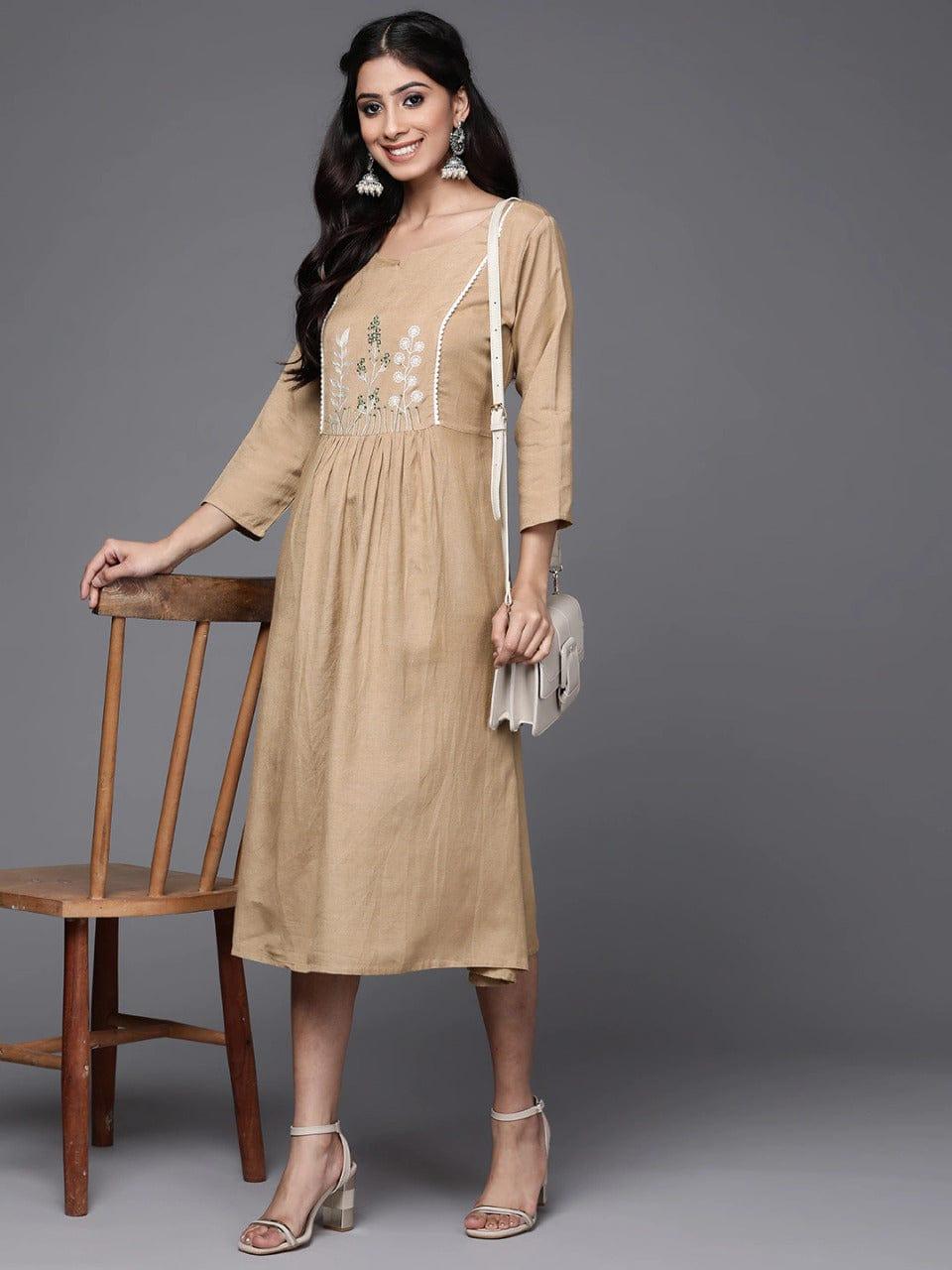 Varanga Beige & White Yoke Embroidered Fit & Flare Midi Dress - Indiakreations