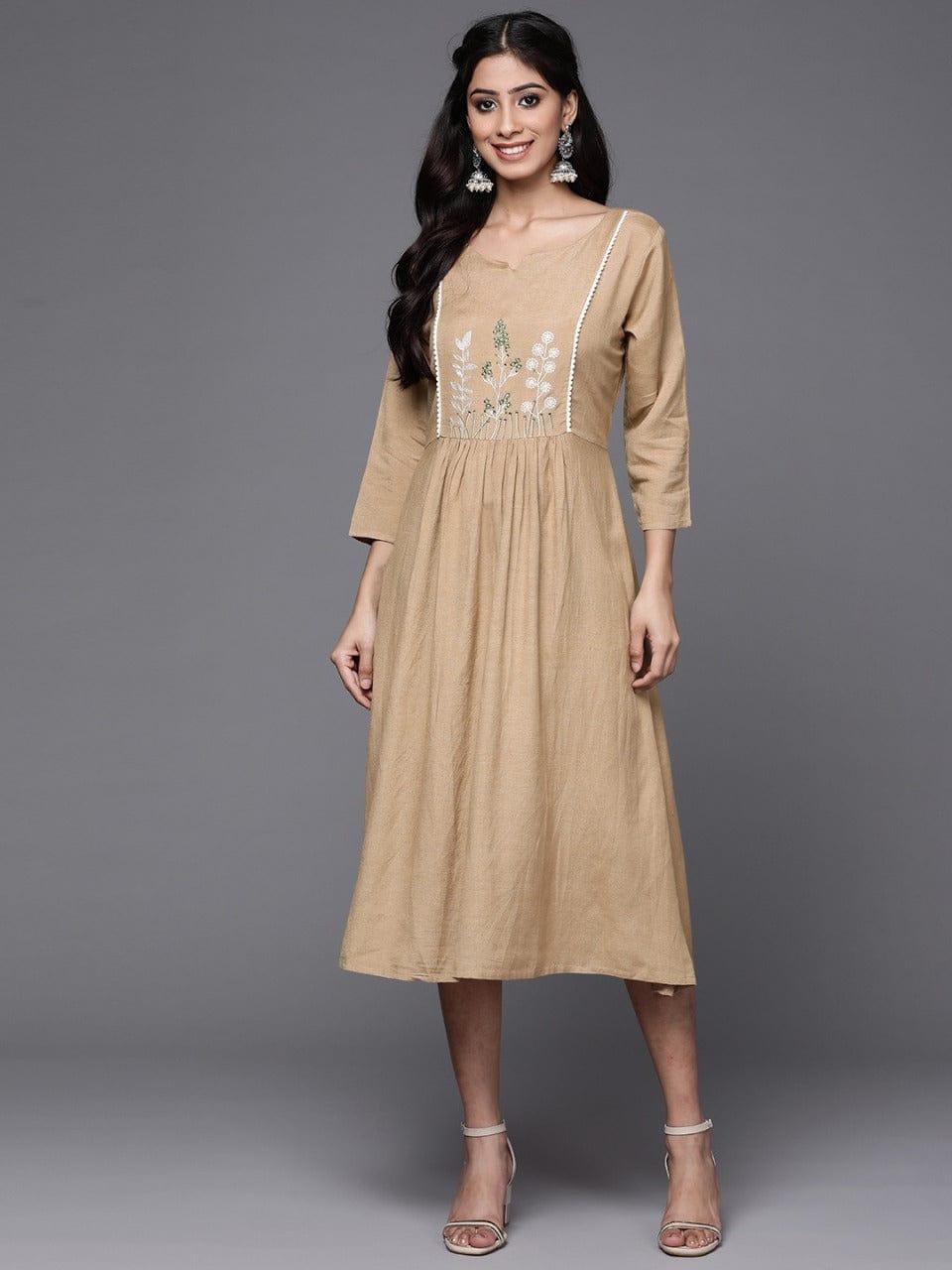 Varanga Beige & White Yoke Embroidered Fit & Flare Midi Dress - Indiakreations