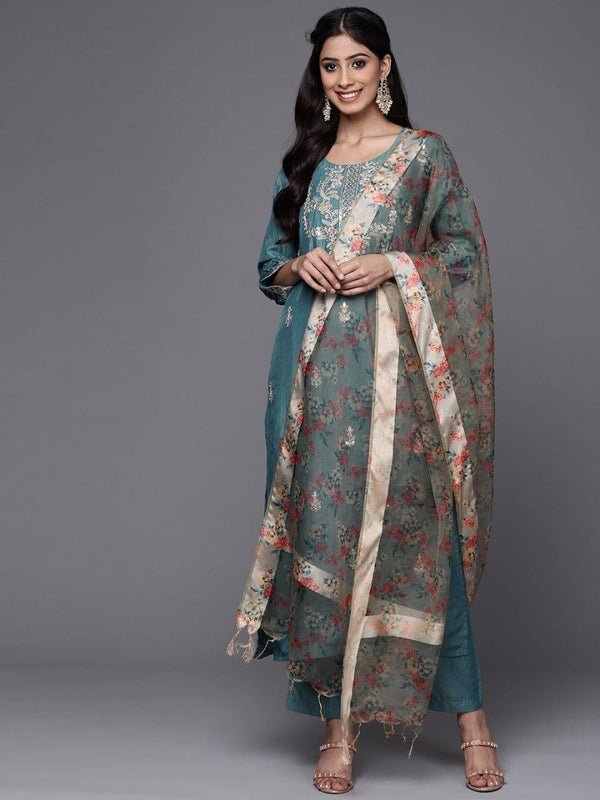 Varanga Women Teal Blue & Golden Embroidered Kurta with Trousers & Dupatta - Indiakreations