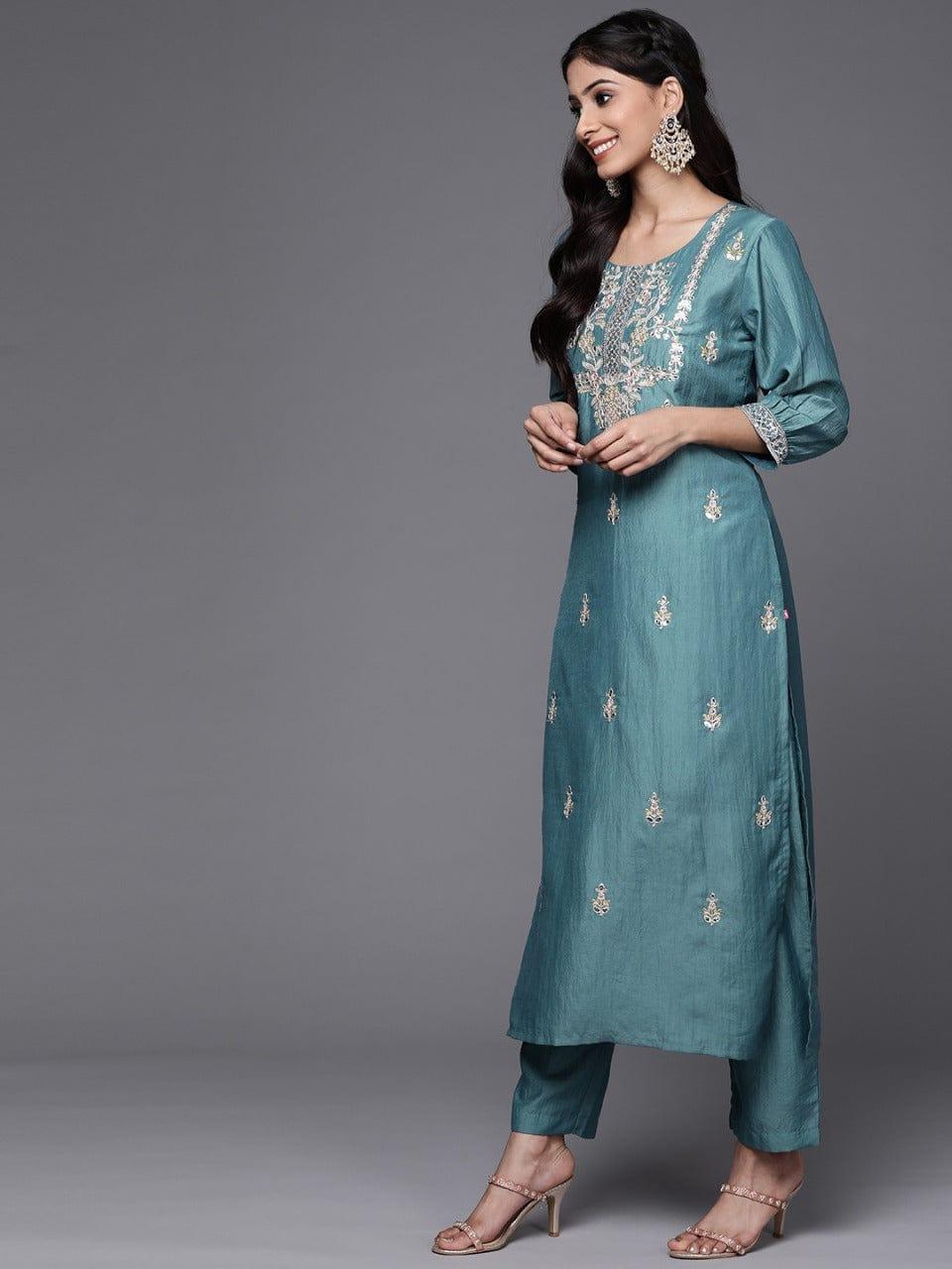 Varanga Women Teal Blue & Golden Embroidered Kurta with Trousers & Dupatta - Indiakreations