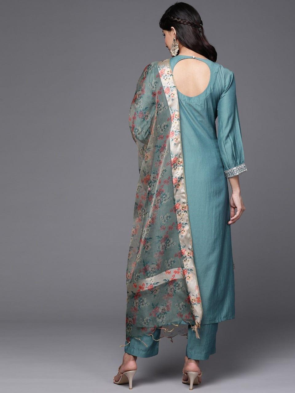 Varanga Women Teal Blue & Golden Embroidered Kurta with Trousers & Dupatta - Indiakreations