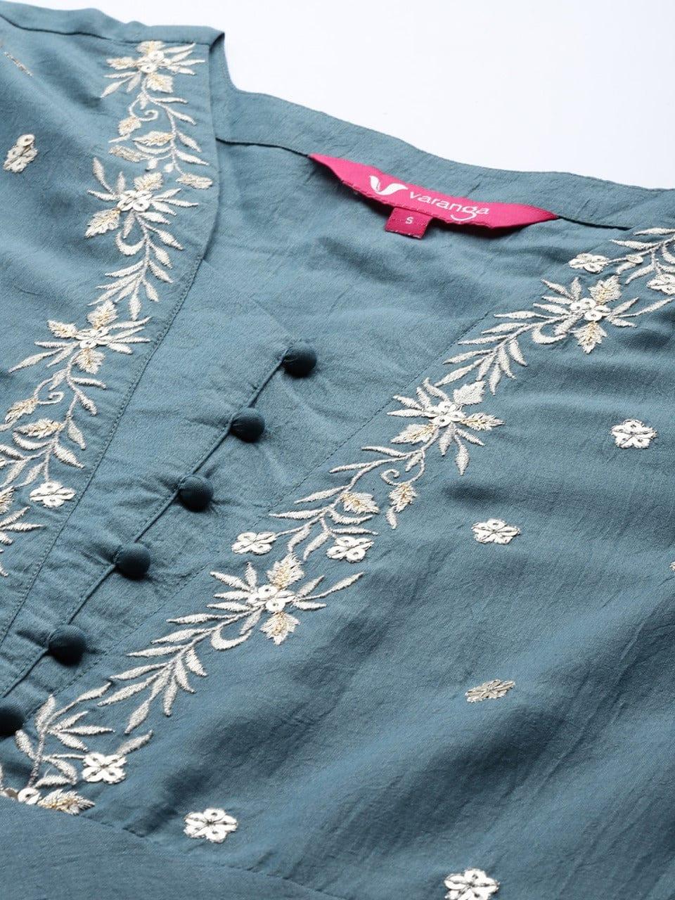 Varanga Women Teal Blue Yoke Design Kurta with Trousers & With Dupatta - Indiakreations