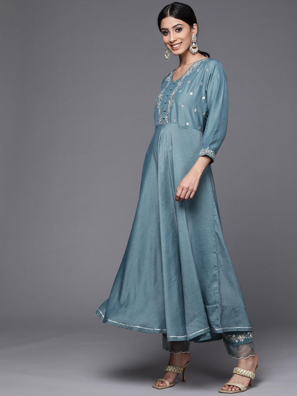 Varanga Women Teal Blue Yoke Design Kurta with Trousers & With Dupatta - Indiakreations