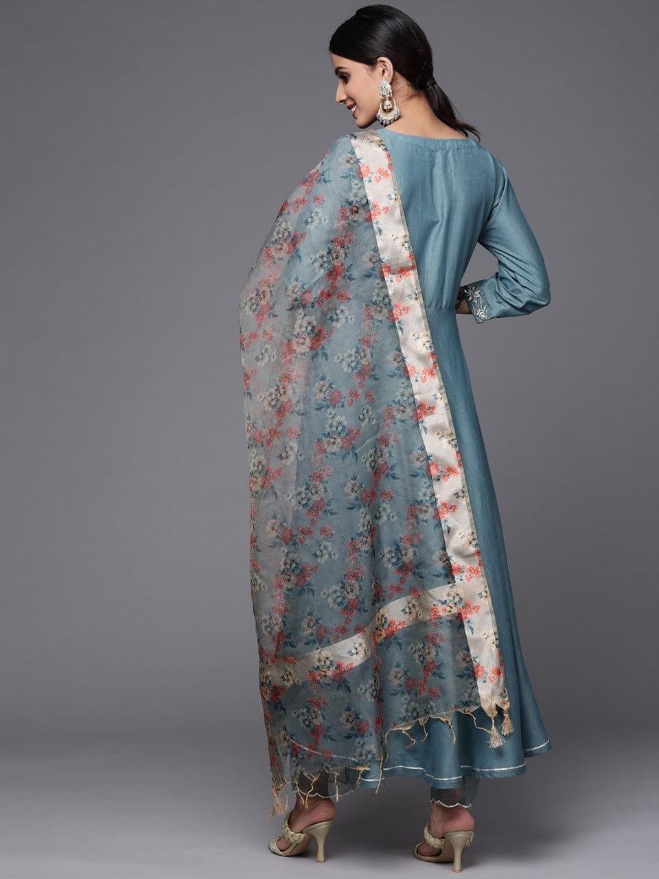 Varanga Women Teal Blue Yoke Design Kurta with Trousers & With Dupatta - Indiakreations