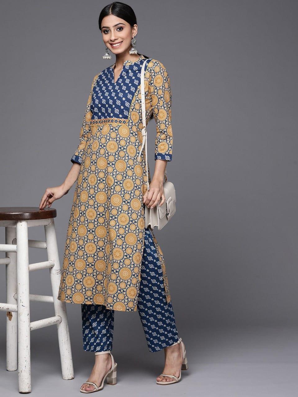 Varanga Women Beige & Blue Printed Pure Cotton Kurta with Trousers - Indiakreations