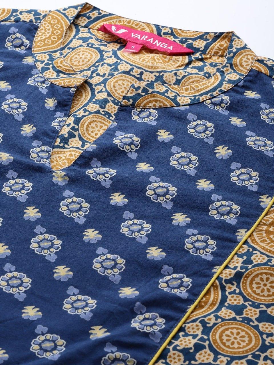 Varanga Women Beige & Blue Printed Pure Cotton Kurta with Trousers - Indiakreations