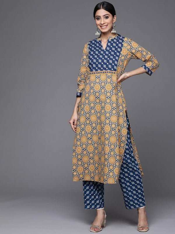 Varanga Women Beige & Blue Printed Pure Cotton Kurta with Trousers - Indiakreations