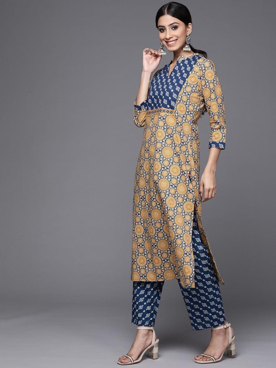 Varanga Women Beige & Blue Printed Pure Cotton Kurta with Trousers - Indiakreations