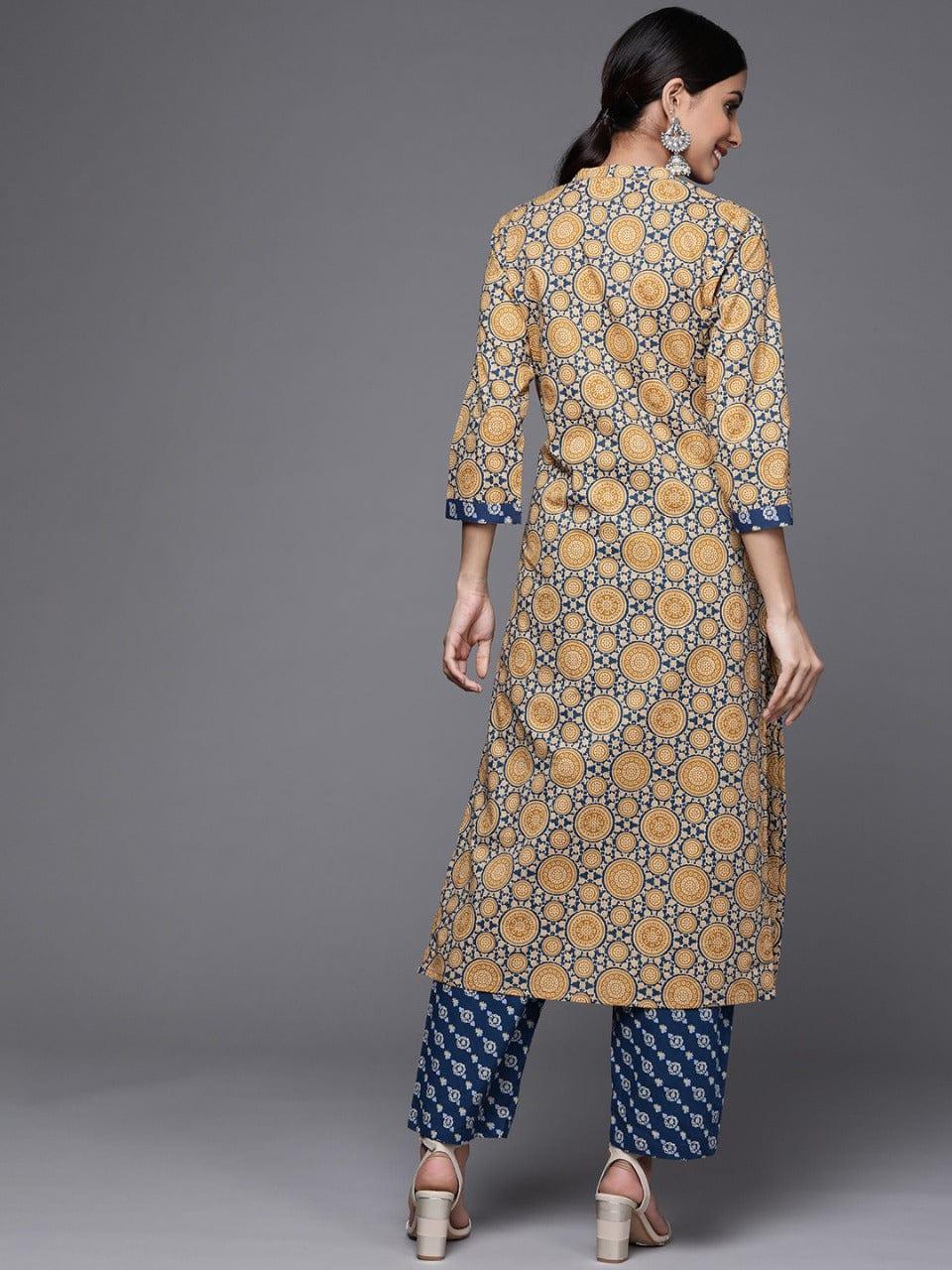 Varanga Women Beige & Blue Printed Pure Cotton Kurta with Trousers - Indiakreations