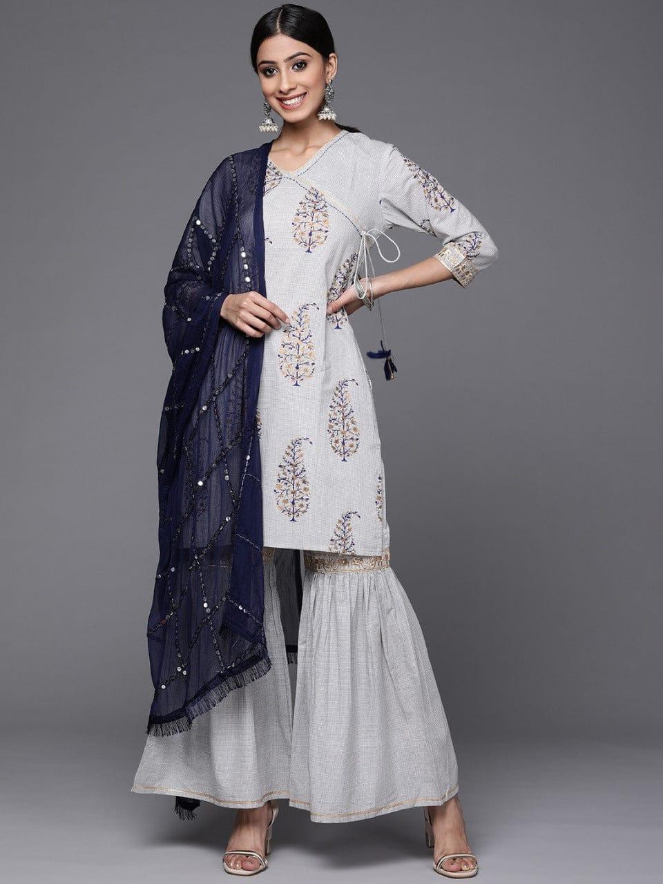 Varanga Women Grey & Navy Ethnic Printed Angrakha Pure Cotton Kurta with Sharara & Dupatta - Indiakreations