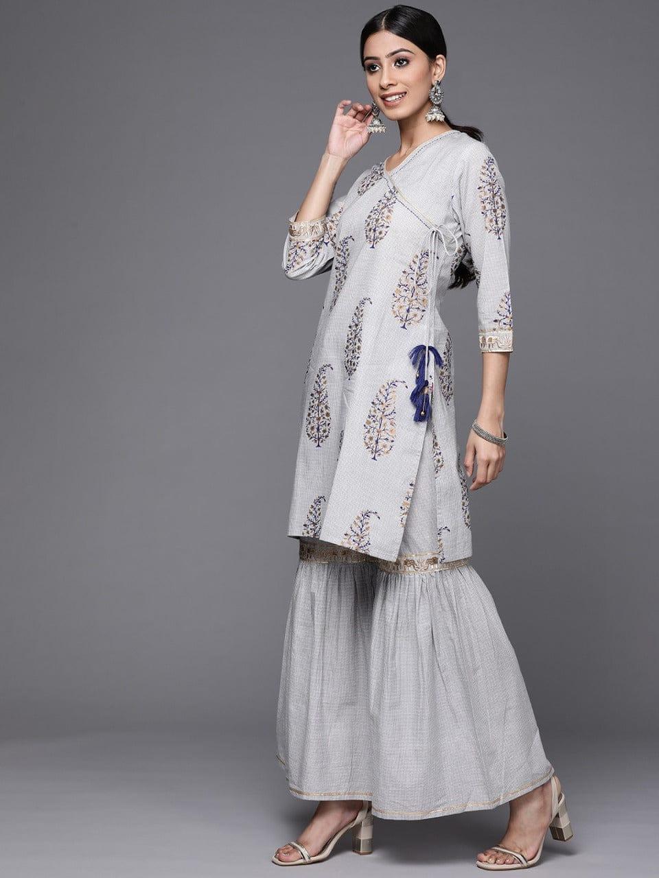 Varanga Women Grey & Navy Ethnic Printed Angrakha Pure Cotton Kurta with Sharara & Dupatta - Indiakreations