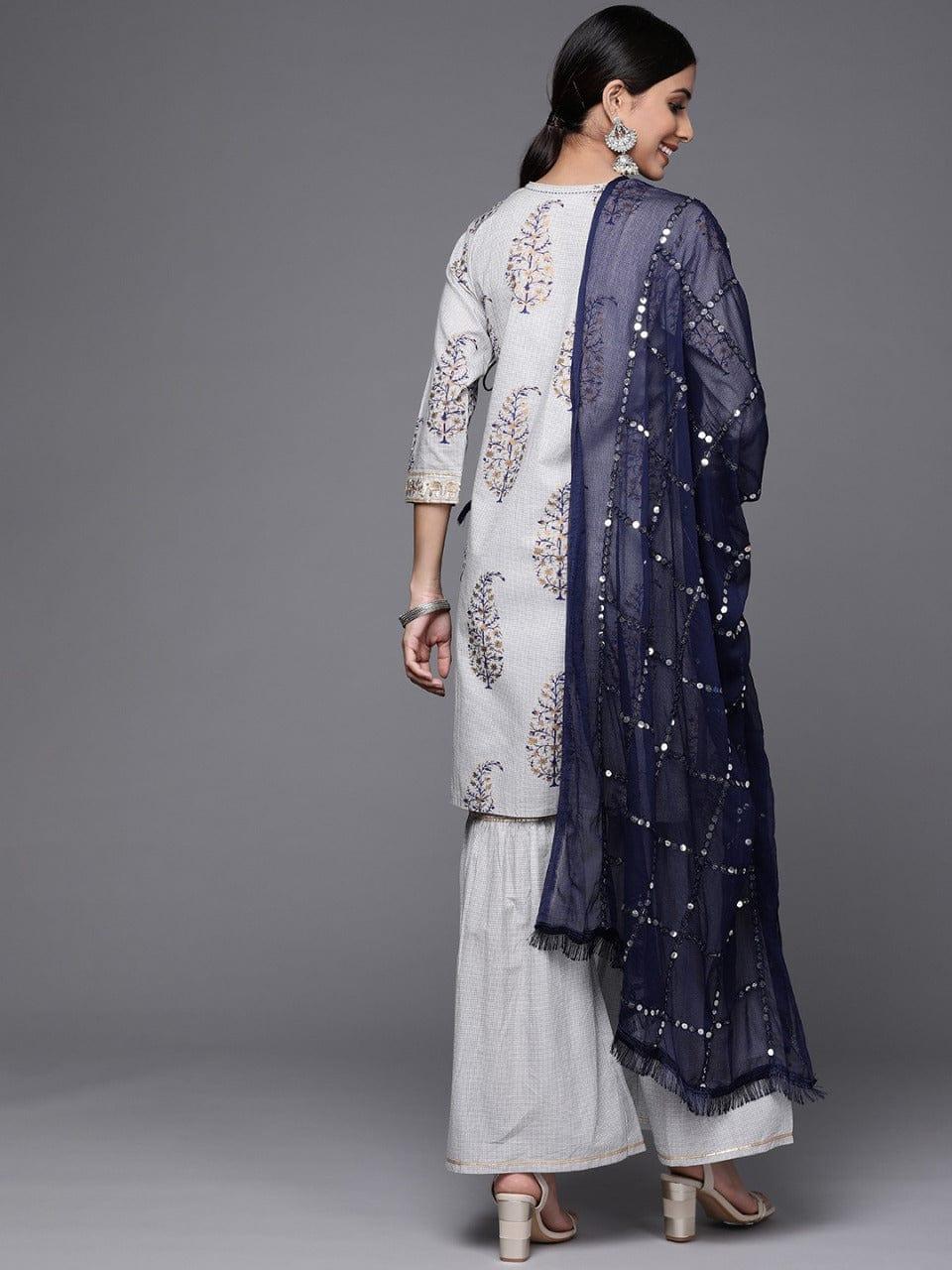 Varanga Women Grey & Navy Ethnic Printed Angrakha Pure Cotton Kurta with Sharara & Dupatta - Indiakreations