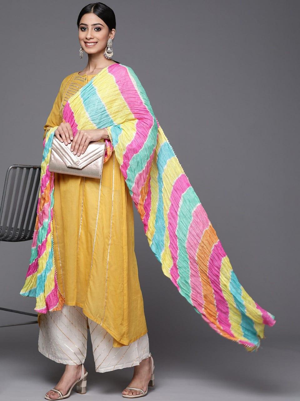 Varanga Women Mustard Yellow & Yellow Gotta Patti Cotton Kurta with Palazzos & Dupatta - Indiakreations