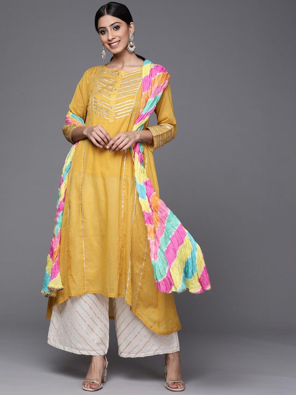 Varanga Women Mustard Yellow & Yellow Gotta Patti Cotton Kurta with Palazzos & Dupatta - Indiakreations