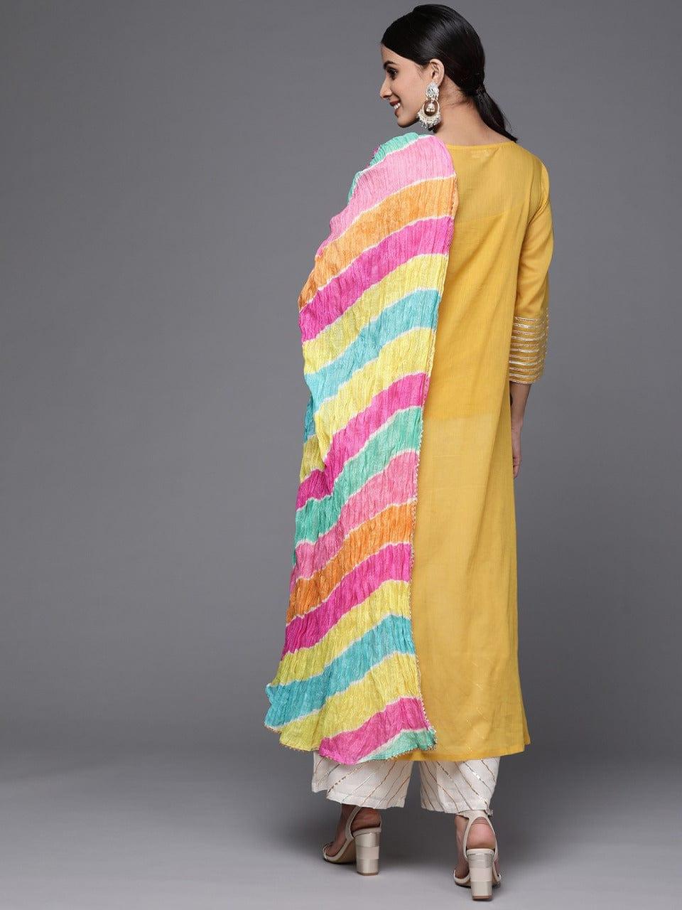 Varanga Women Mustard Yellow & Yellow Gotta Patti Cotton Kurta with Palazzos & Dupatta - Indiakreations