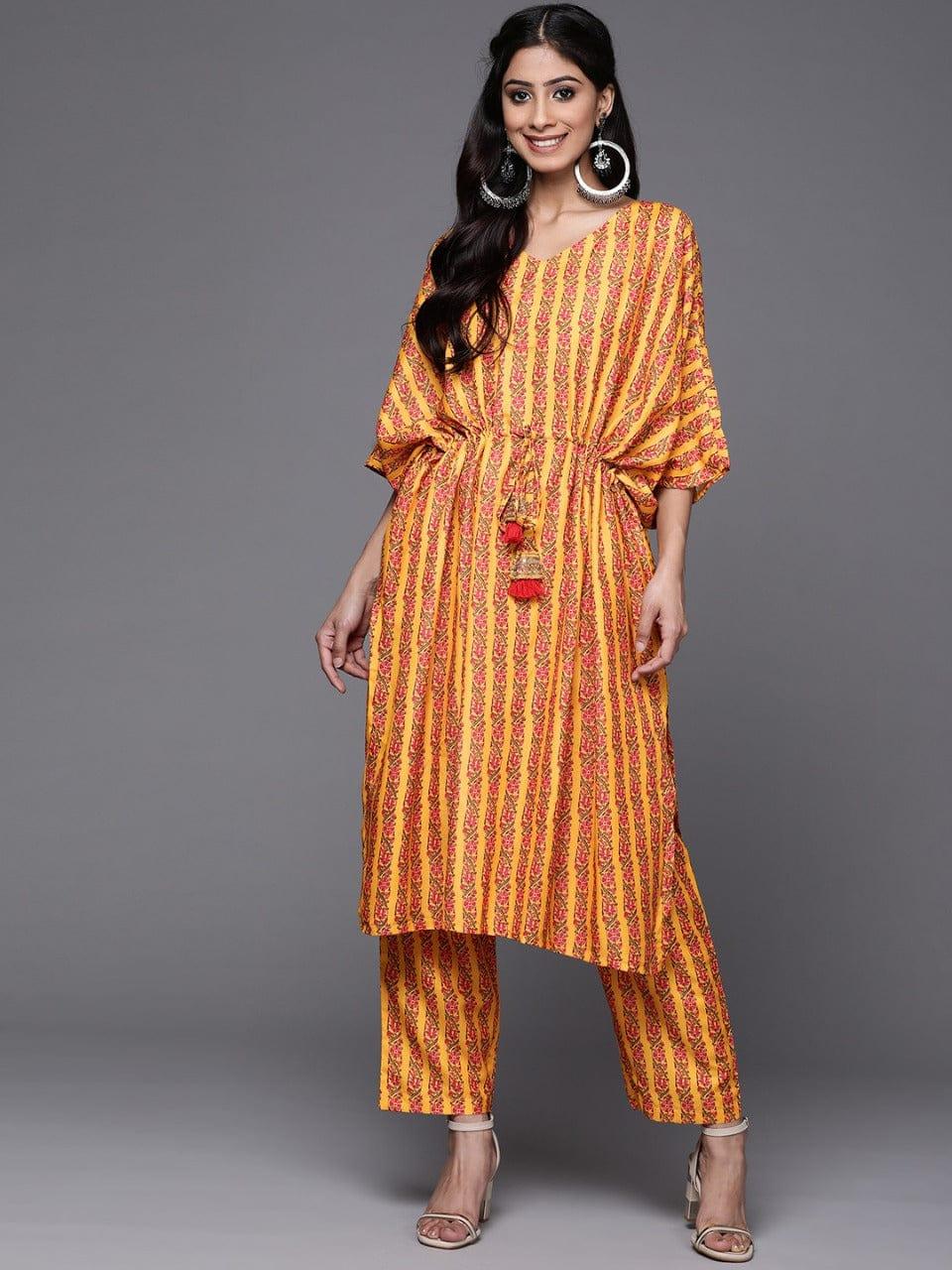 Varanga Women Mustard Yellow & Pink Ethnic Motifs Printed Pure Cotton Kurta with Trousers - Indiakreations