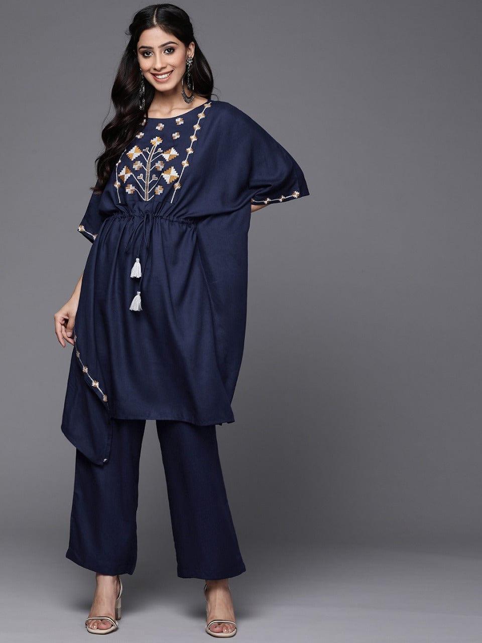 Varanga Women Navy Blue Yoke Design Thread Work Pure Cotton Kurta with Trousers - Indiakreations