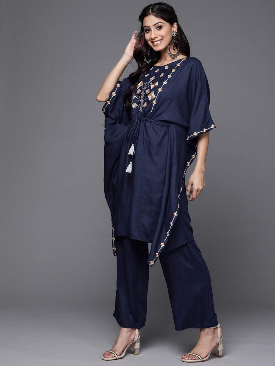 Varanga Women Navy Blue Yoke Design Thread Work Pure Cotton Kurta with Trousers - Indiakreations