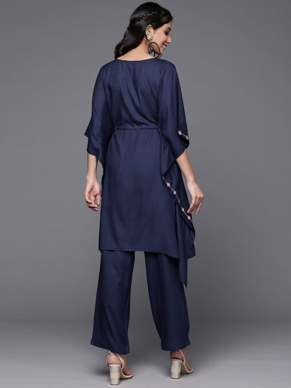 Varanga Women Navy Blue Yoke Design Thread Work Pure Cotton Kurta with Trousers - Indiakreations