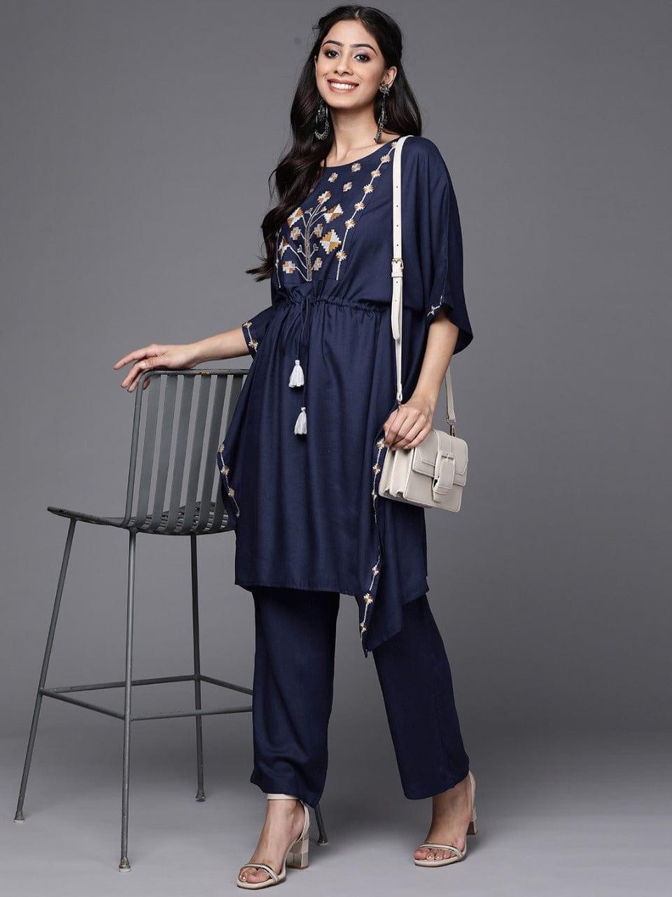 Varanga Women Navy Blue Yoke Design Thread Work Pure Cotton Kurta with Trousers - Indiakreations