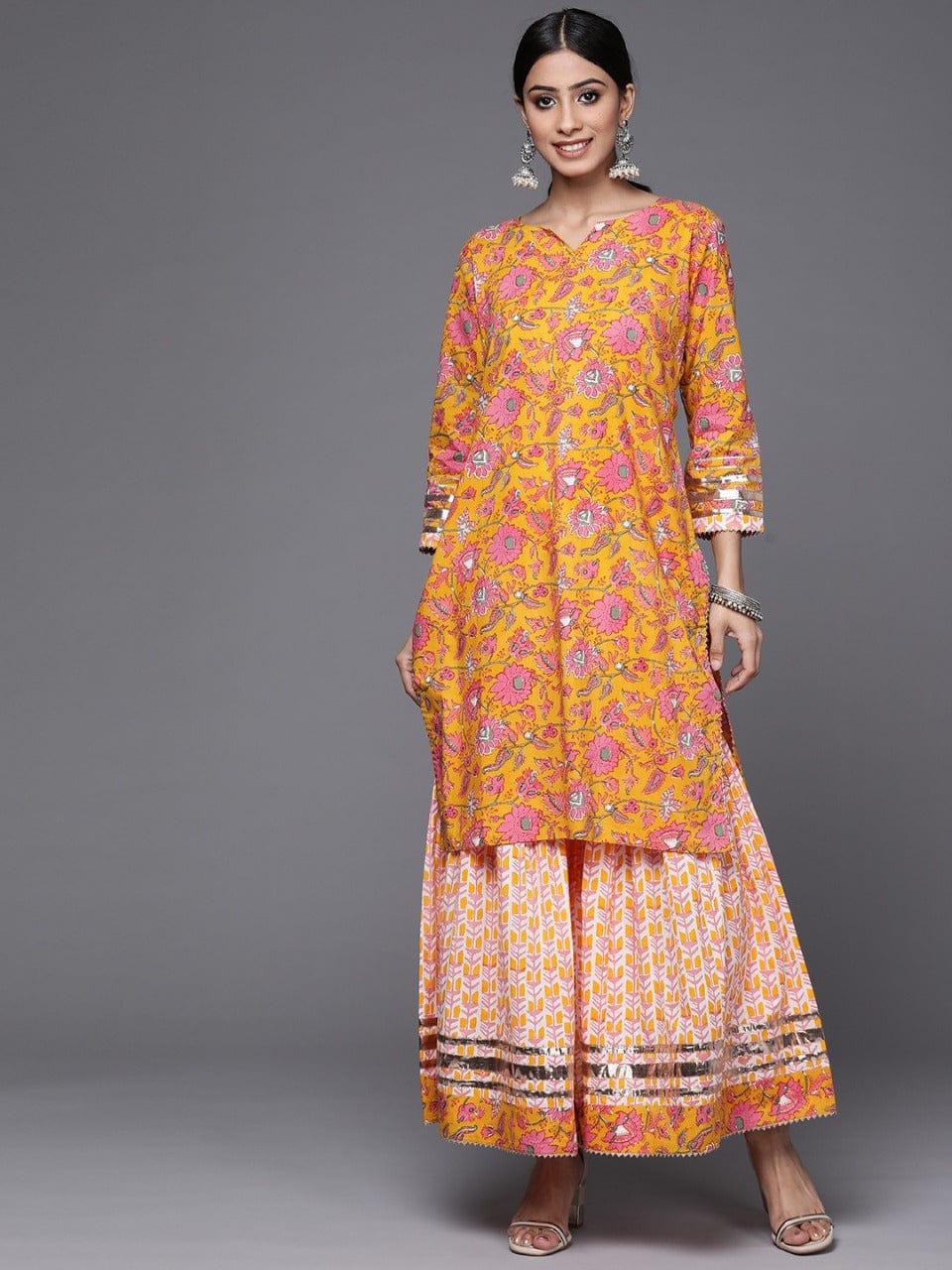 Varanga Women Mustard Yellow & White Ethnic Print Print Pure Cotton Kurta with Sharara - Indiakreations