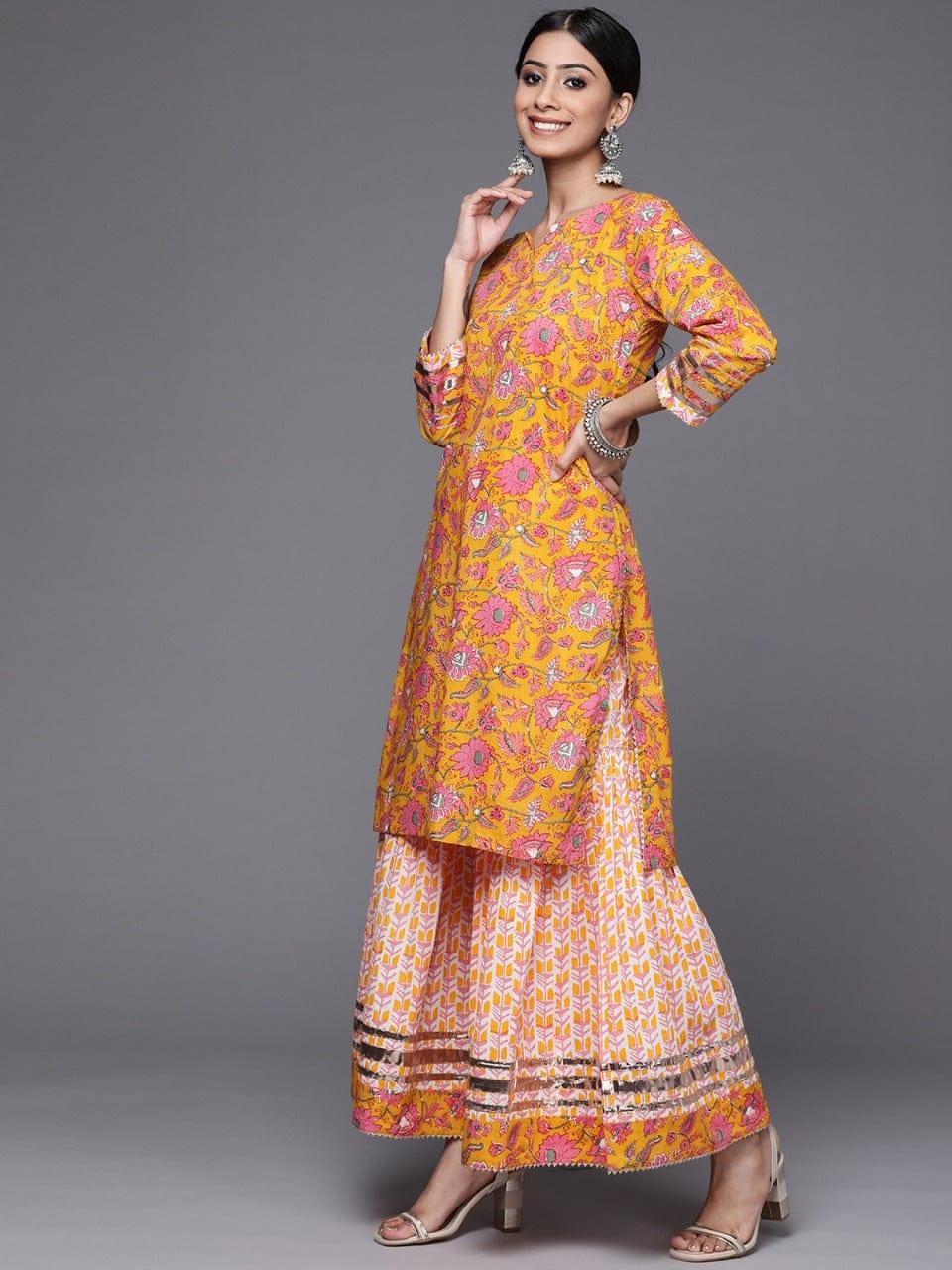 Varanga Women Mustard Yellow & White Ethnic Print Print Pure Cotton Kurta with Sharara - Indiakreations