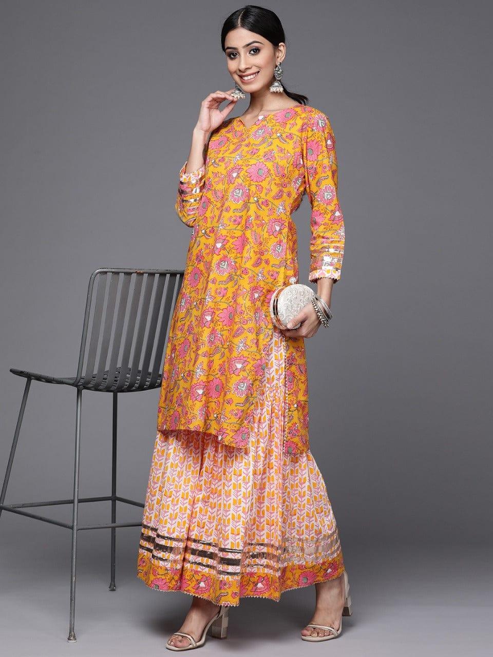 Varanga Women Mustard Yellow & White Ethnic Print Print Pure Cotton Kurta with Sharara - Indiakreations