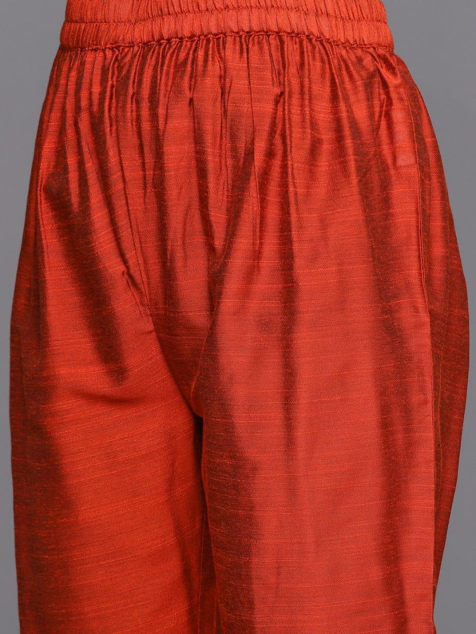 Varanga Women Rust Red & Silver Yoke Design Mirror Work Straight Kurta Trousers & Dupatta - Indiakreations