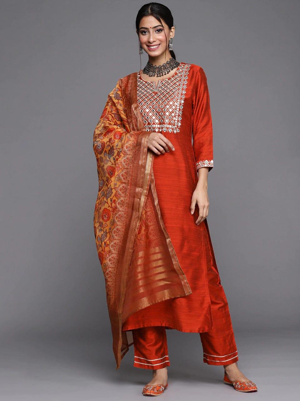 Varanga Women Rust Red & Silver Yoke Design Mirror Work Straight Kurta Trousers & Dupatta - Indiakreations