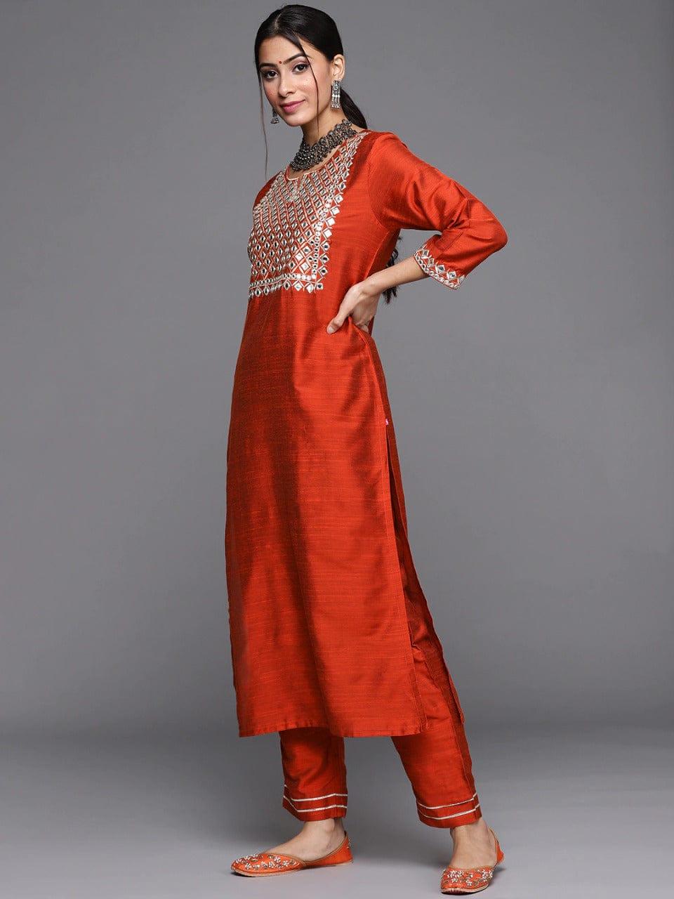 Varanga Women Rust Red & Silver Yoke Design Mirror Work Straight Kurta Trousers & Dupatta - Indiakreations