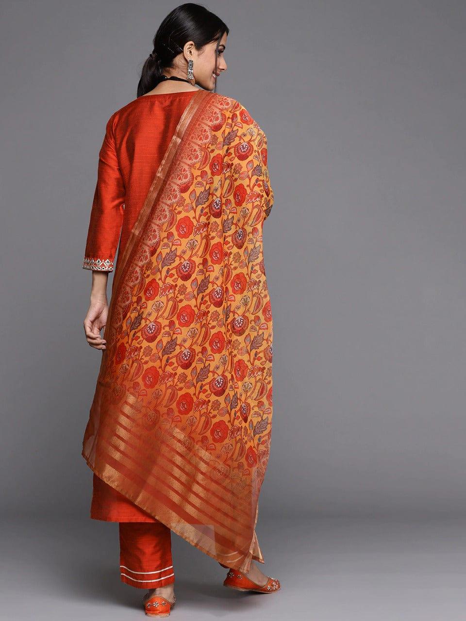 Varanga Women Rust Red & Silver Yoke Design Mirror Work Straight Kurta Trousers & Dupatta - Indiakreations