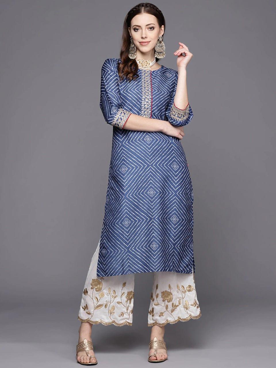 Blue And White Bandhej Printed Kurta With Cording And Sequins Embroidery - Indiakreations