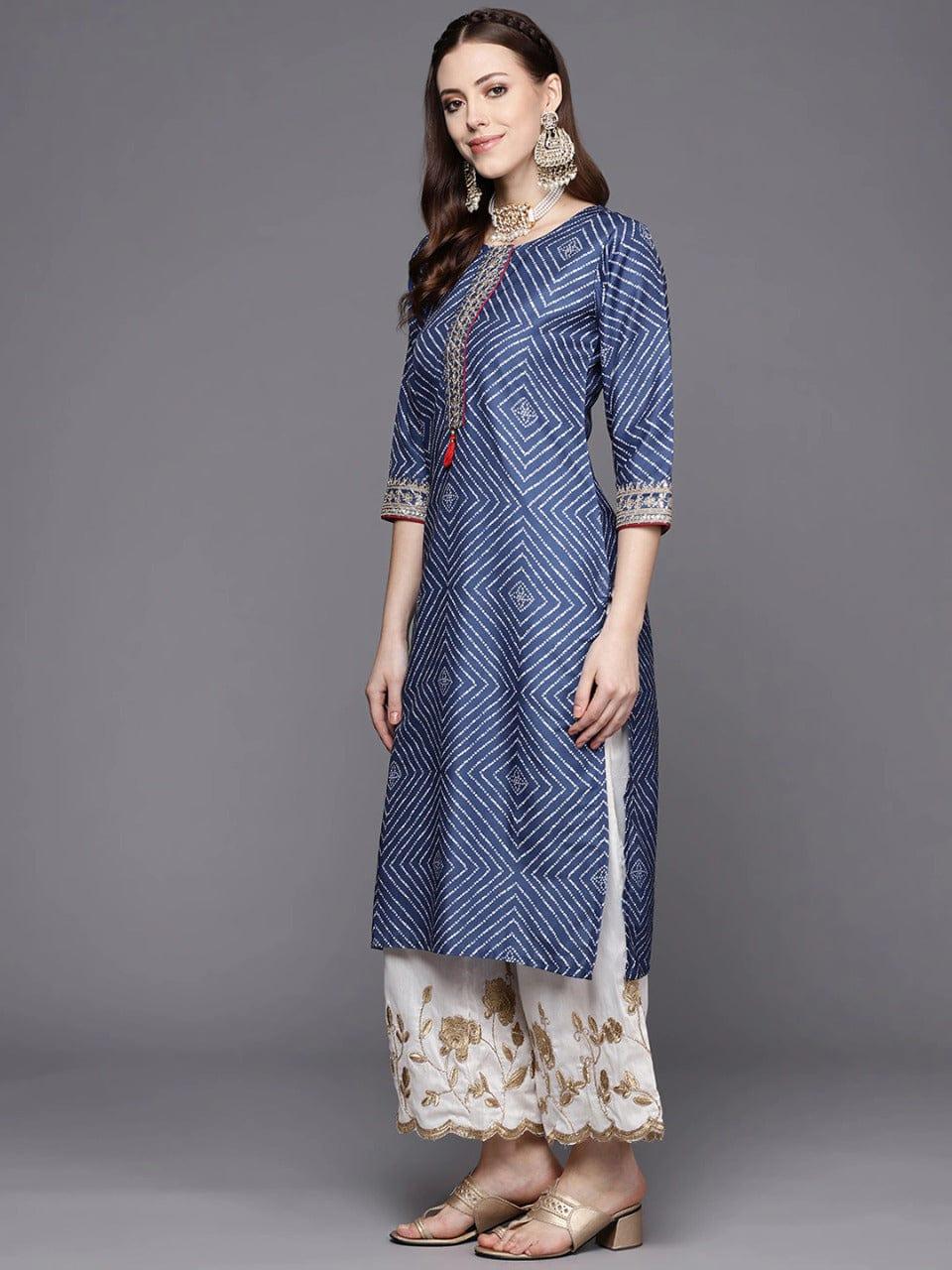 Blue And White Bandhej Printed Kurta With Cording And Sequins Embroidery - Indiakreations