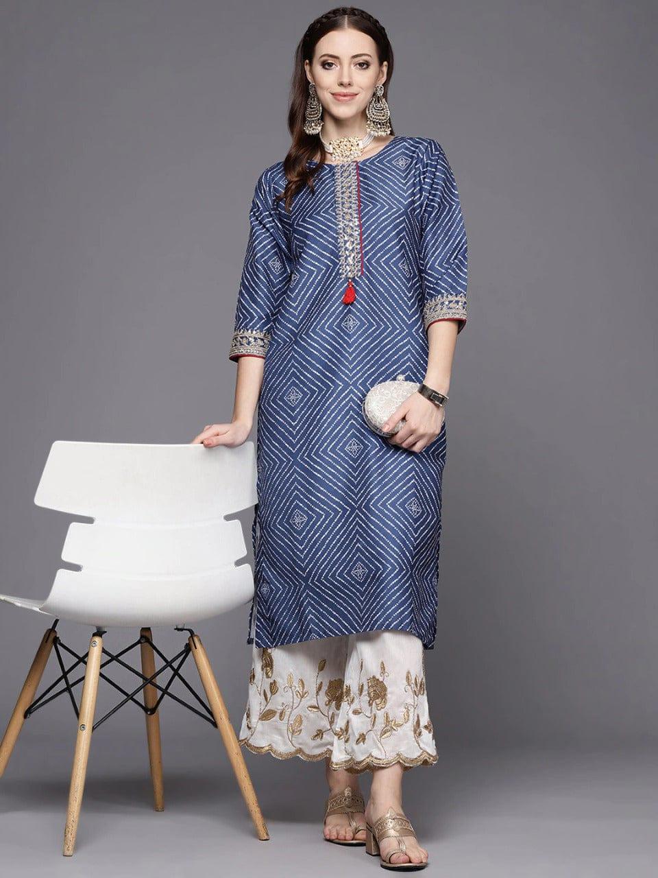 Blue And White Bandhej Printed Kurta With Cording And Sequins Embroidery - Indiakreations