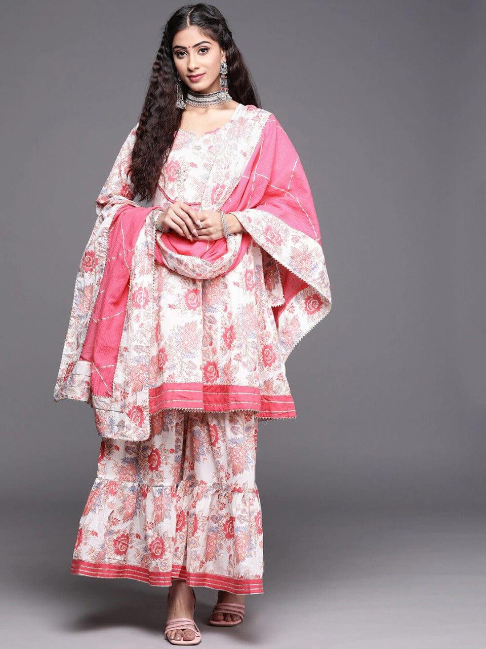 KSUT Women Pink Floral Printed Pleated Gotta Patti Pure Cotton Kurta with Sharara & With Dupatta - Indiakreations