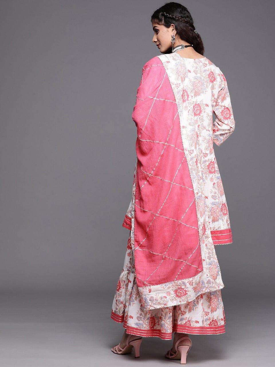 KSUT Women Pink Floral Printed Pleated Gotta Patti Pure Cotton Kurta with Sharara & With Dupatta - Indiakreations