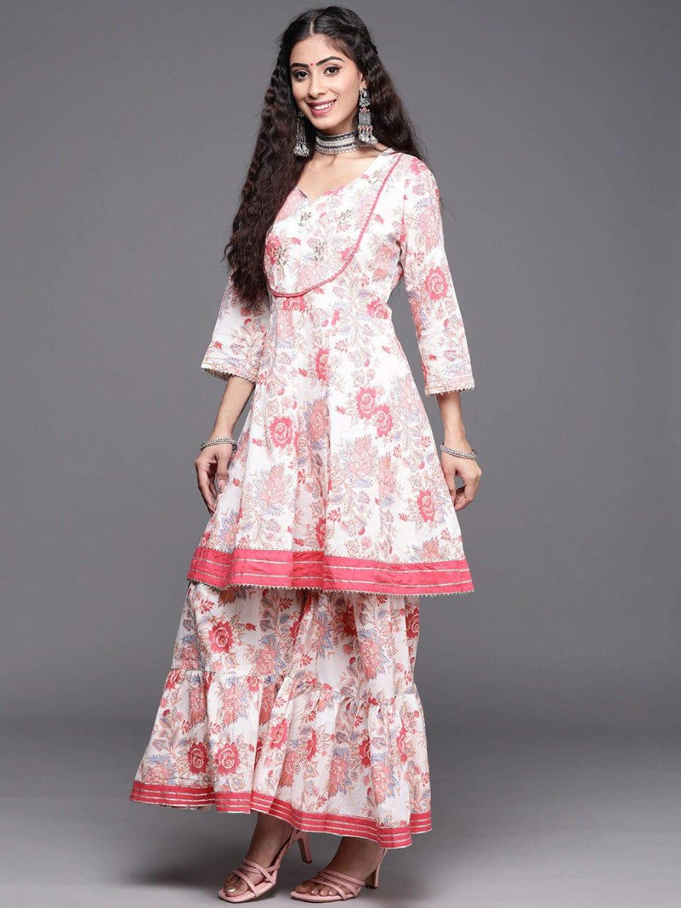 KSUT Women Pink Floral Printed Pleated Gotta Patti Pure Cotton Kurta with Sharara & With Dupatta - Indiakreations