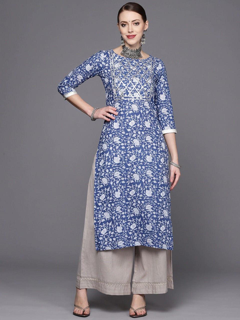 Blue and White Floral Printed Kurta With Gota Embellishment Yoke - Indiakreations