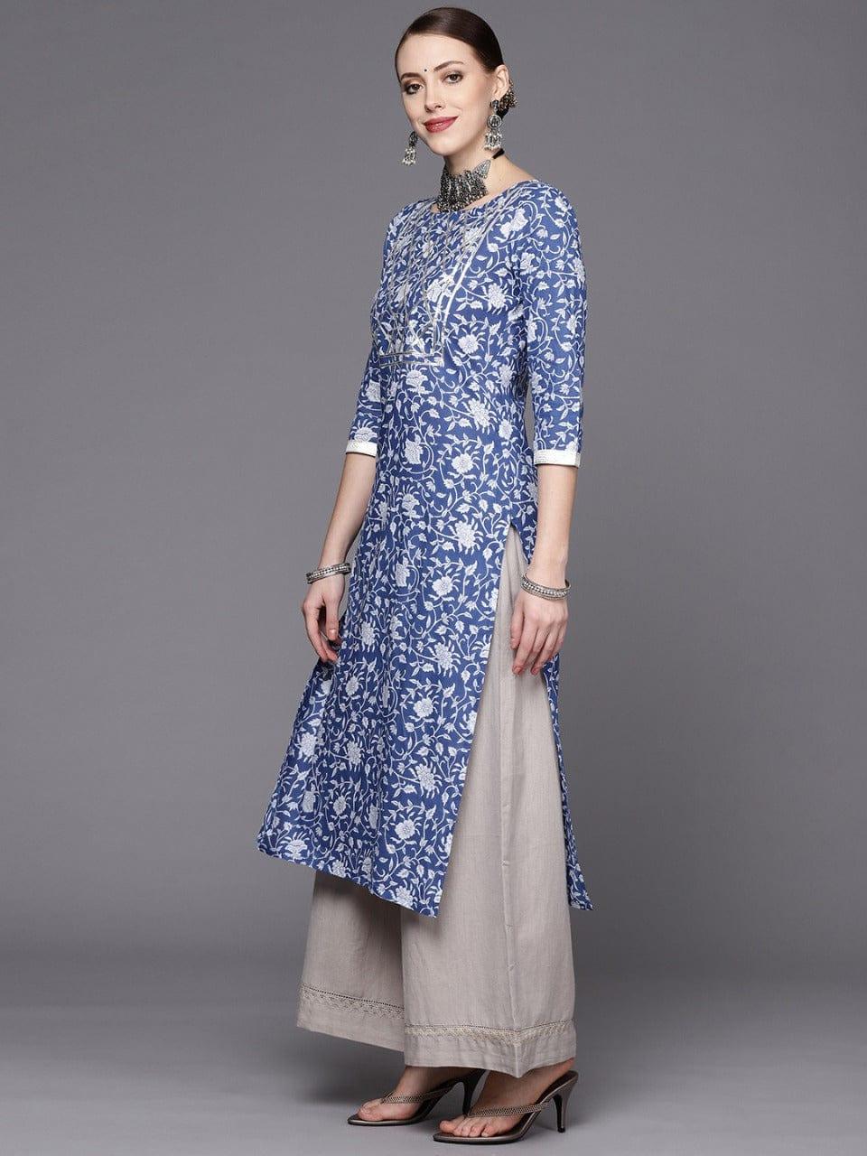 Blue and White Floral Printed Kurta With Gota Embellishment Yoke - Indiakreations