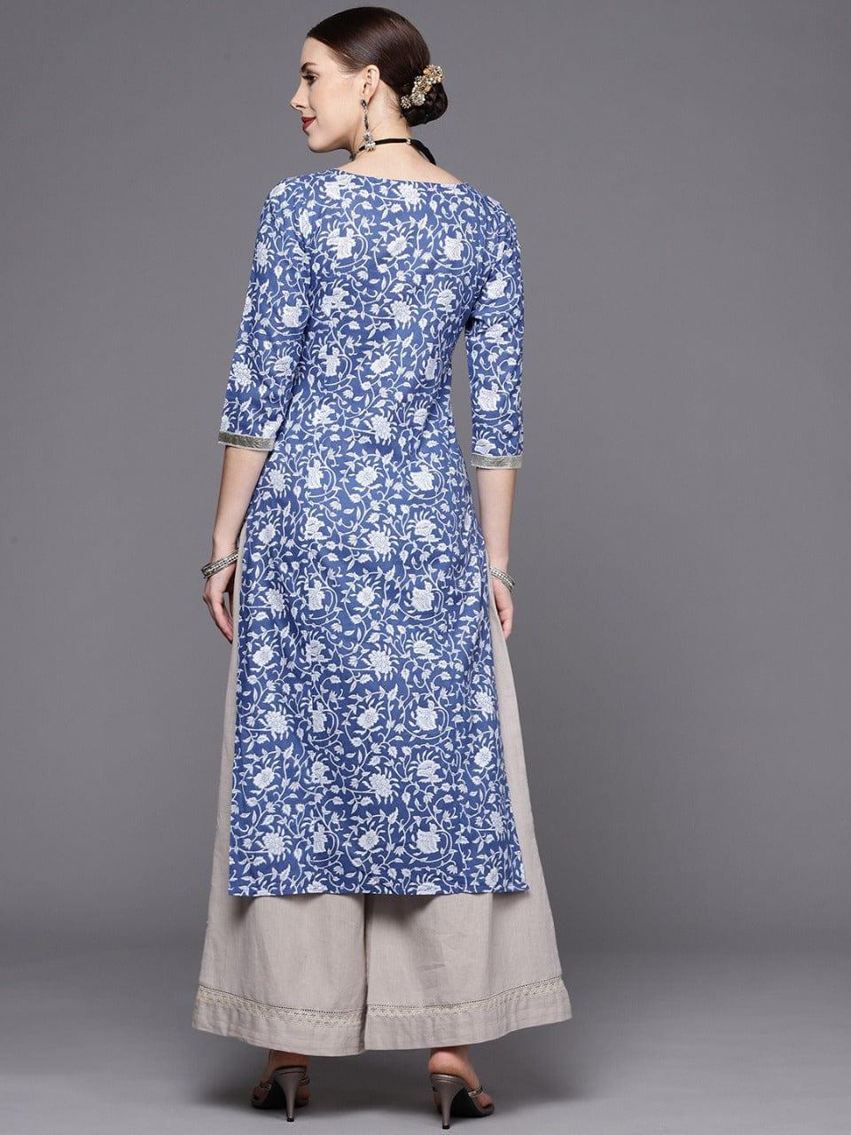 Blue and White Floral Printed Kurta With Gota Embellishment Yoke - Indiakreations