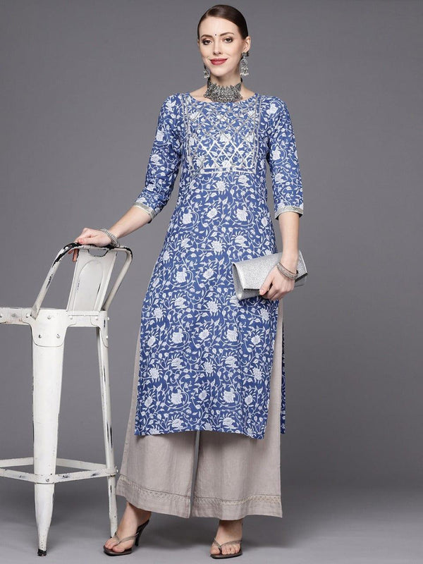 Blue and White Floral Printed Kurta With Gota Embellishment Yoke - Indiakreations