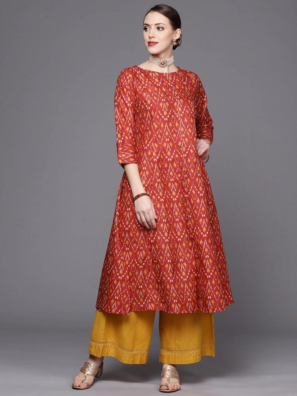 Rust Ikat A-Line Kurta With Center Buttoned Placket - Indiakreations