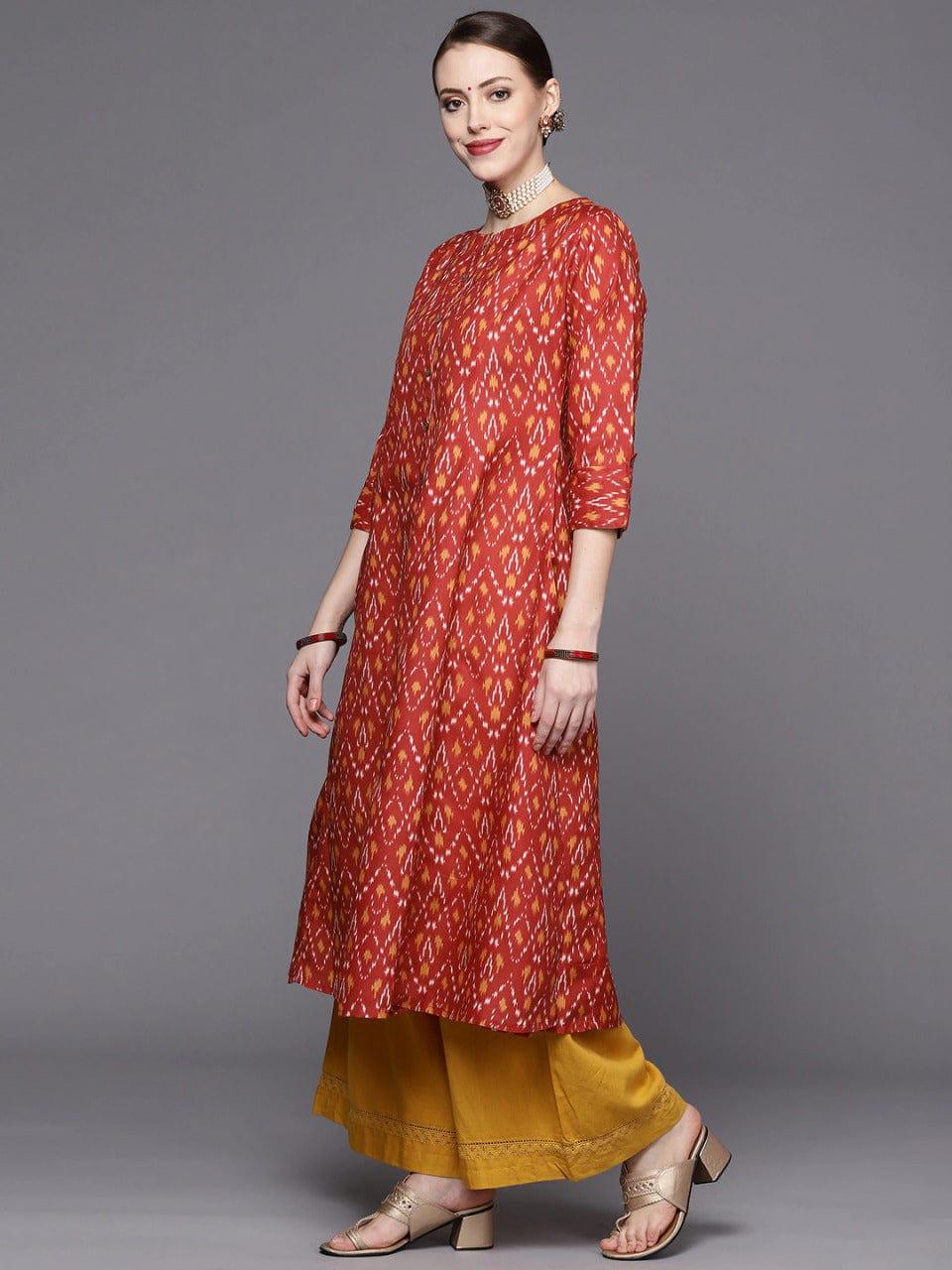 Rust Ikat A-Line Kurta With Center Buttoned Placket - Indiakreations