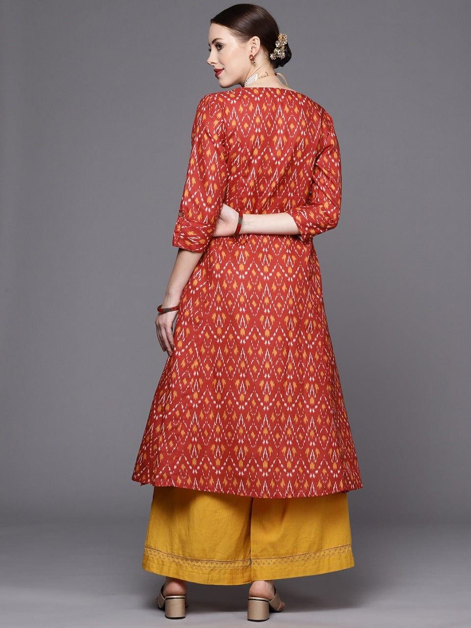 Rust Ikat A-Line Kurta With Center Buttoned Placket - Indiakreations