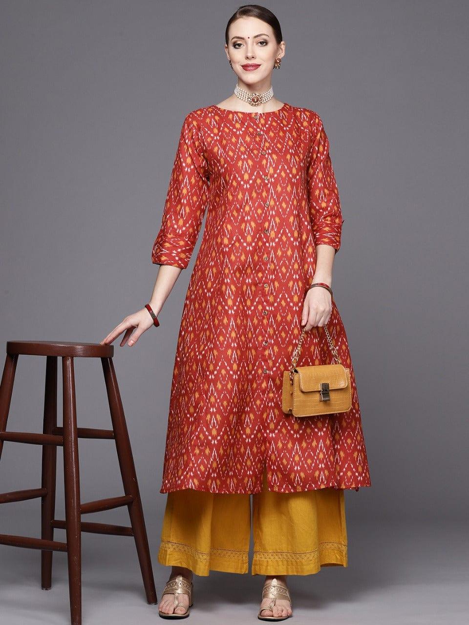 Rust Ikat A-Line Kurta With Center Buttoned Placket - Indiakreations